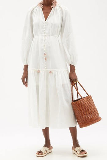 Postcard Ruffle-Collar Ramie Midi Dress from Zimmermann