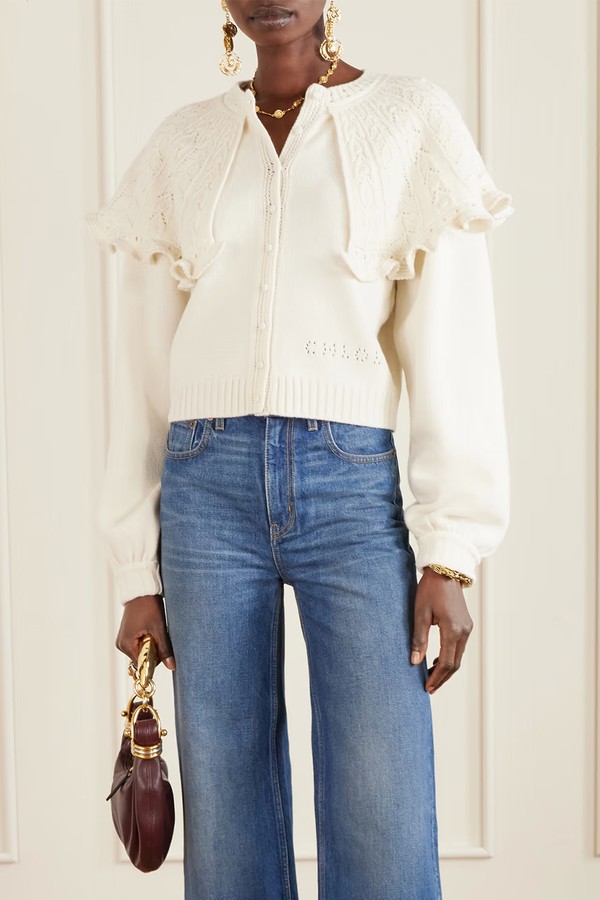 Cropped Ruffled Pointelle-Knit Wool & Cashmere-Blend Cardigan from Chloé