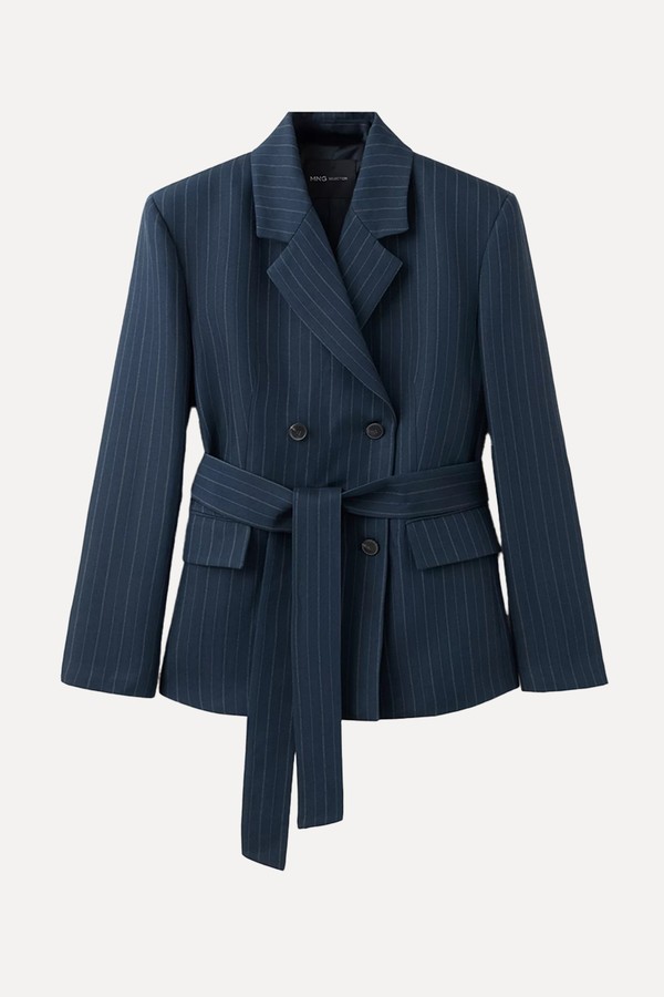 Pinstripe Belted Blazer from Mango