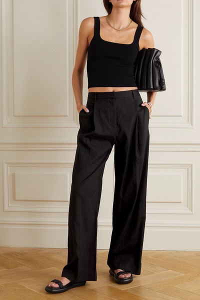 Pleated Linen-Blend Wide-Leg Pants