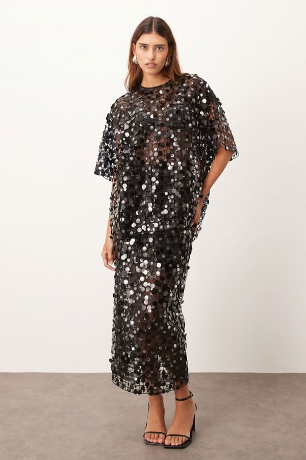 Sheer Grid Sequin Tee & Maxi Skirt