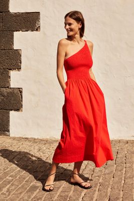Isa One Shoulder Shirred Crinkled Cotton Voile Midi Dress, £580 | Three Graces London