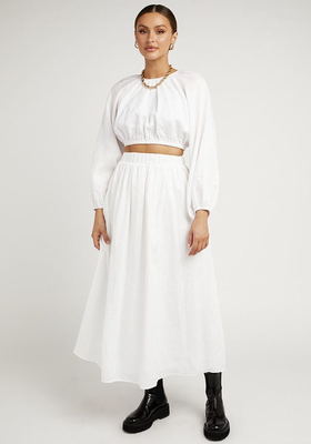 Alena White Linen Midi Skirt 