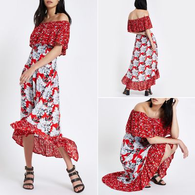 Red Floral Print Bardot High Low Maxi Dress