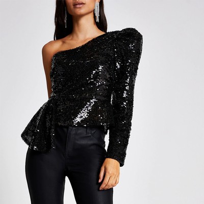 Sequin One Shoulder Peplum Top