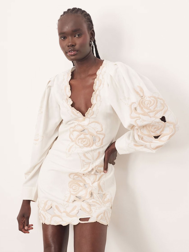 Placed Floral Cut Work Volume Sleeve Mini Dress 