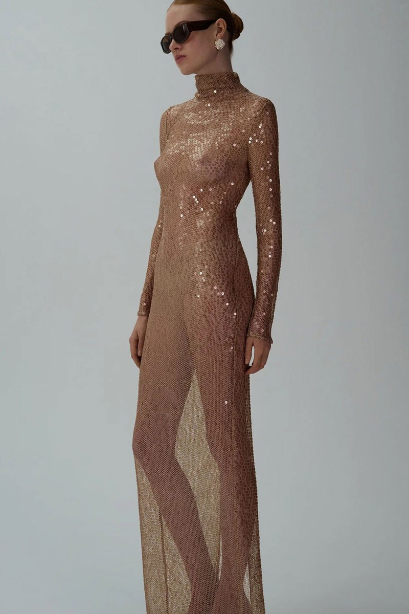 Crochet Sequin High-Neck Maxi Dress