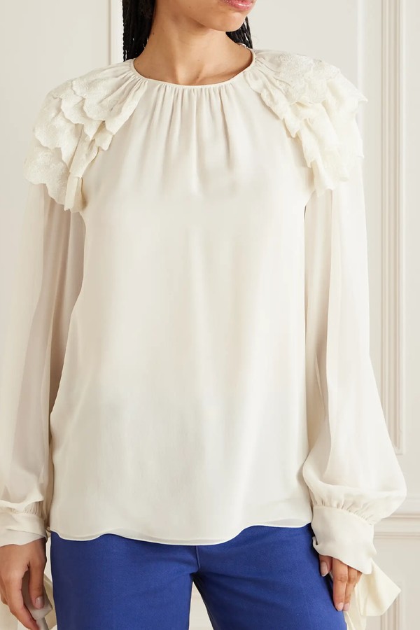 Ruffled Broderie Anglaise-Trimmed Silk-Georgette Blouse from Chloé