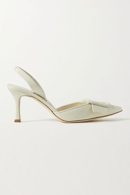 Buckled Suede-Trimmed Linen-Canvas Slingback Pumps from Manolo Blahnik