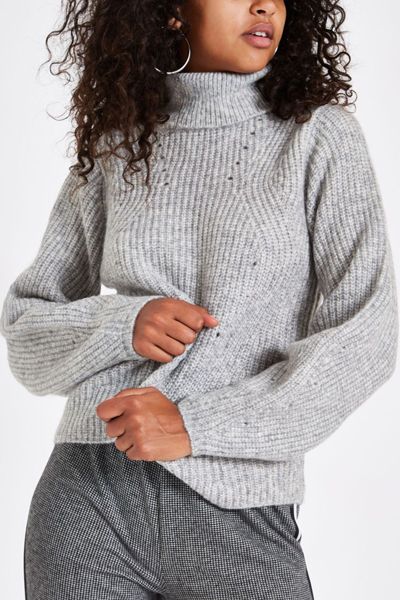 Grey Knit Roll Neck Jumper