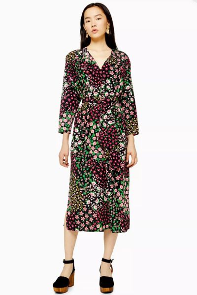 Multicoloured Floral Print Tie Smock Wrap Dress