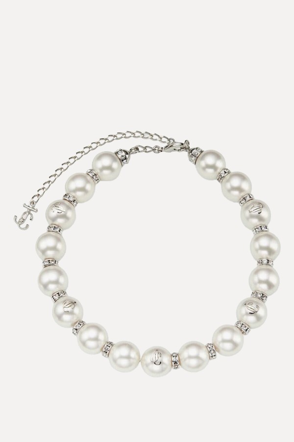 Pearl Crystal Choker Silver-Finish Metal Choker With Pearls & Crystal
