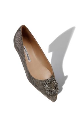 Gold Glitter Fabric Jewel Buckle Flat Shoes from Manolo Blahnik