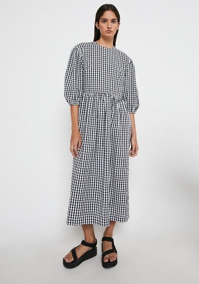 Gingham Oversized Volume Sleeve Midi Dress