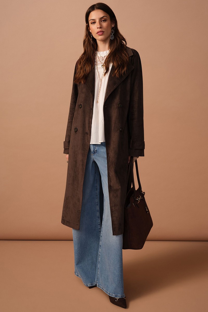 Faux Suede Belted Trench Coat