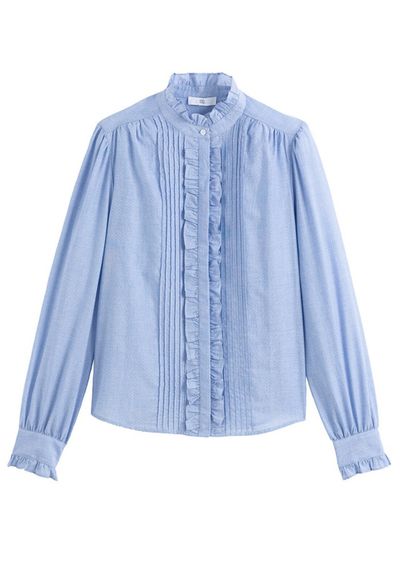 Cotton Ruffled-Neck Shirt with Long Sleeves from La Redoute