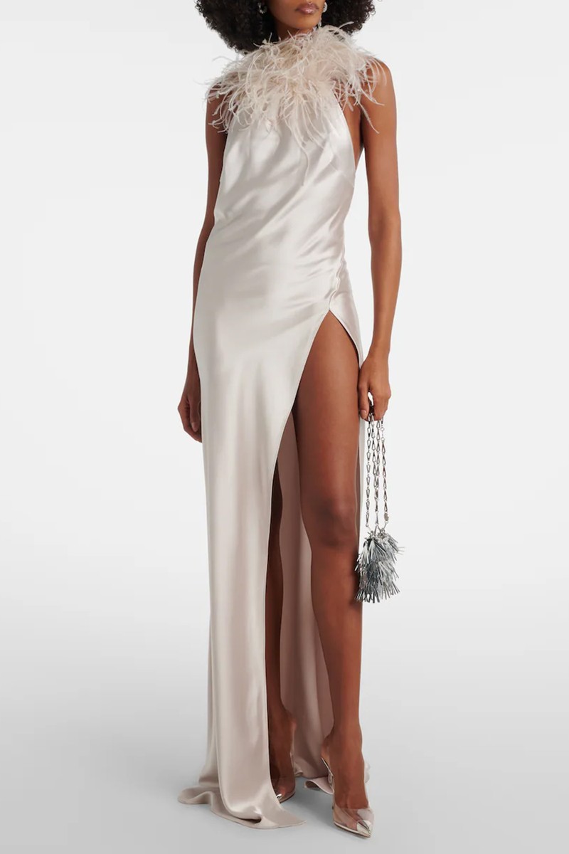 Jazzy Feather-Trimmed Satin Gown from The New Arrivals Ilkyaz Ozel