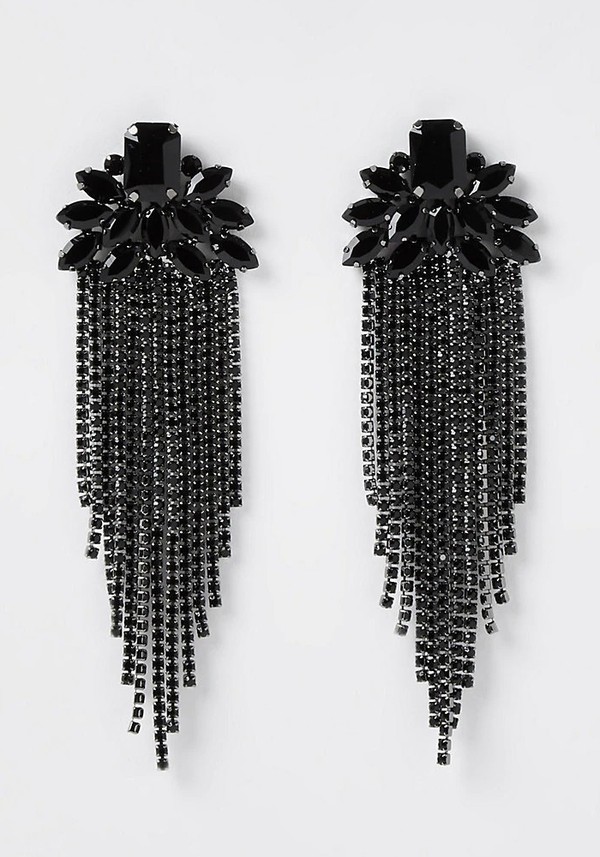 Black Colour Diamante Tassel Drop Earrings