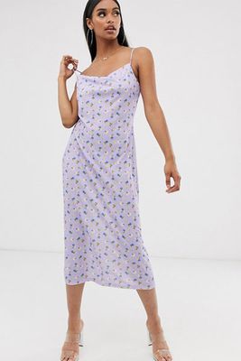 Slip Midi Dress In Lilac Ditsy Print