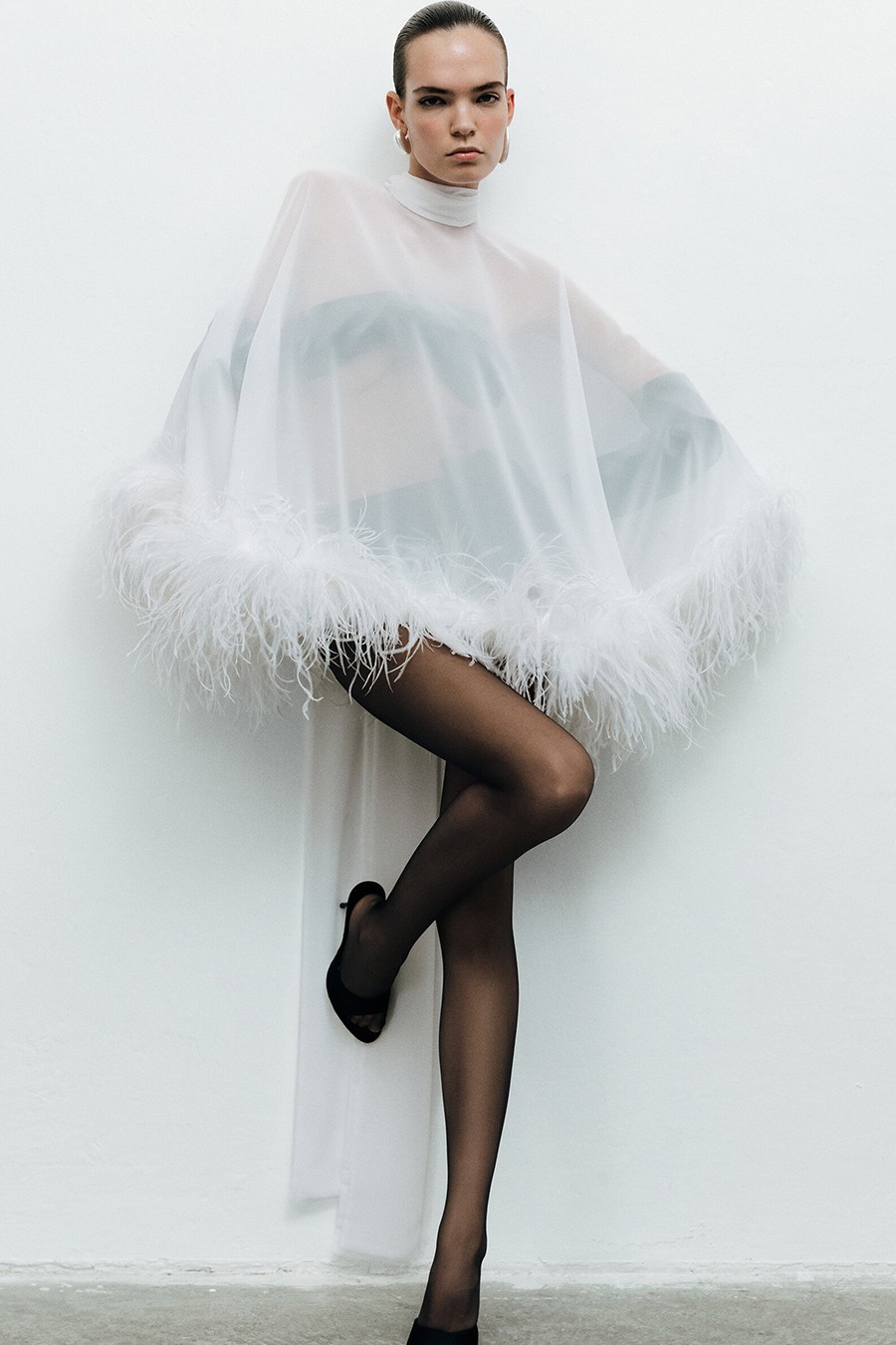 Dee Neck-Tie Feather-Detail Short Cape from Ila