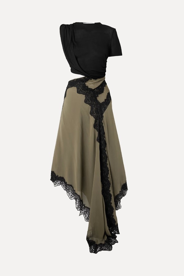 Verve Asymmetric Lace-Trimmed Silk-Georgette & Ribbed Jersey Dress