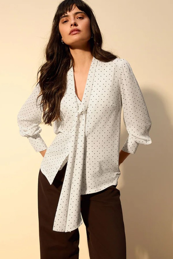  Spot Scarf Neck Long Sleeve Blouse