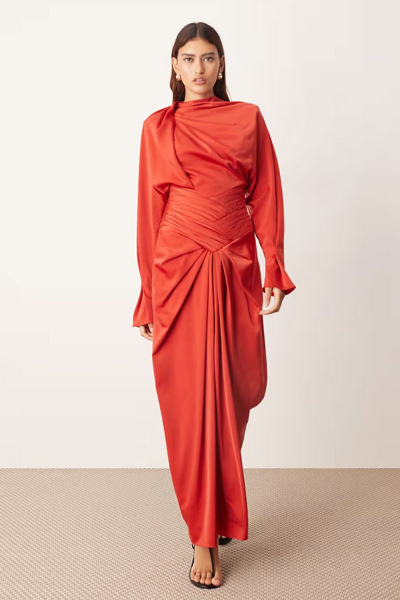 Drape Neck Strong Shoulder Maxi Dress With Open Back