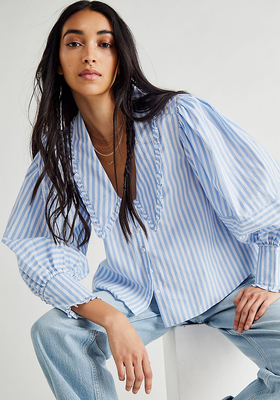 Chic Vintage Lapel Collar Striped Blouse For Women 2023 Collection With  Contrast Blue Stripe Design, Loose Fit, And Long Sleeves From Junqingy,  $19.7
