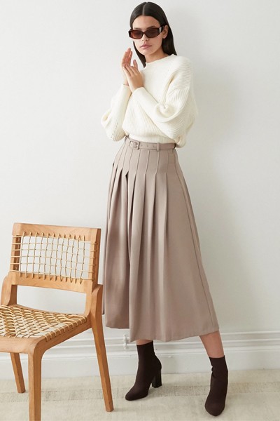 Taupe Pleated Midi Skirt