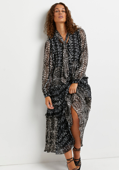 Black Animal Print Tie Neck Midi Dress from River Island