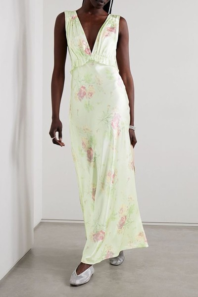 Suniva Ruffled Floral-Print Silk-Charmeuse Maxi Dress  from LoveShackFancy