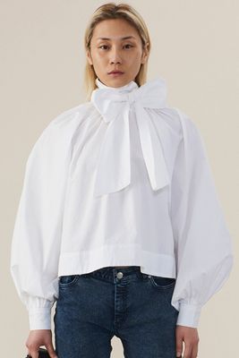 Pussy-Bow Balloon-Sleeve Cotton Blouse from Ganni