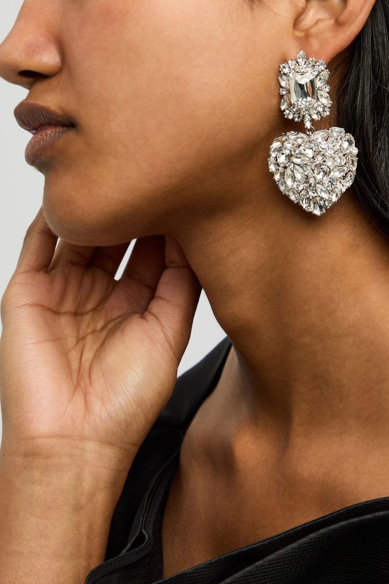 Crystal-Embellished Heart Drop Earrings from Self-Portrait