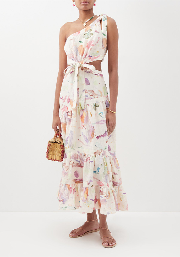 Annie Printed One-Shoulder Silk-Blend Dress from ALÉMAIS