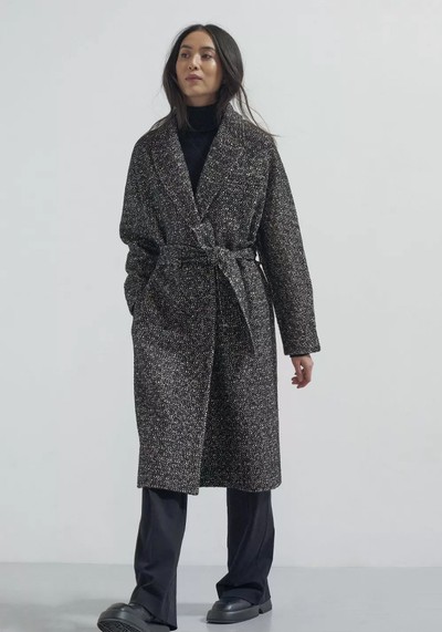 Oversized Wool Blend Belted Coat With Batwing Sleeve