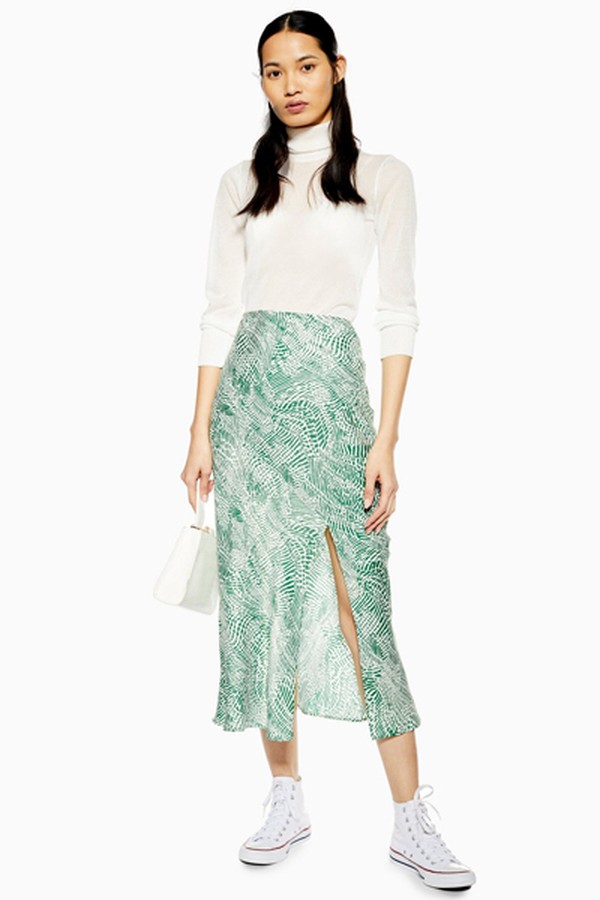 Green Wavy Animal Satin Bias Skirt