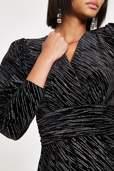 Black Glitter Wrap Front Velvet Top