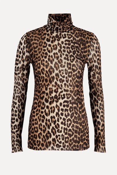 Leopard-Print Stretch-Tulle Top from Ganni