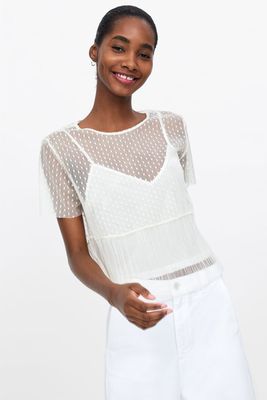 Dotted Mesh T-Shirt With Pleated Hem