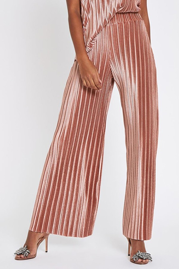 Pink Velvet Plisse Wide Leg Trousers
