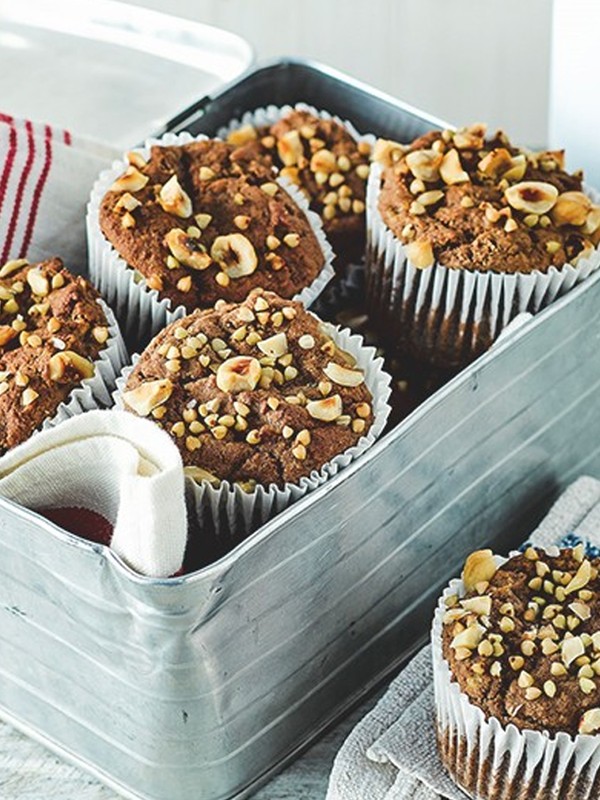 Chocolate & Hazelnut Protein Muffins With Crispy Buckwheat Topping
