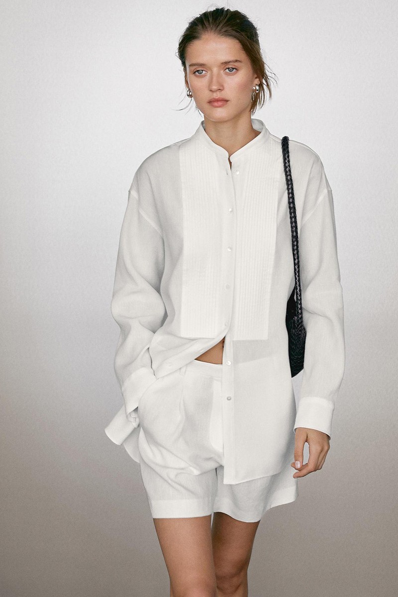 Linen Blend Shirt With Thin Pintucks