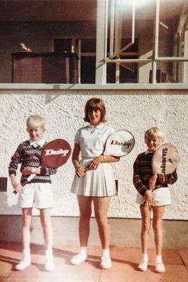 Sue (right) with her first tennis racket