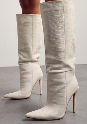 White Croc Knee Length Boots from Miss Pap