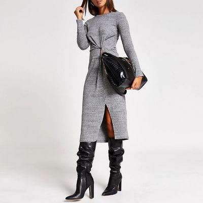 Grey Long Sleeve Twist Front Midi Dress