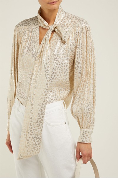 Reina Leopard-Brocade Silk-Blend Blouse from Masscob