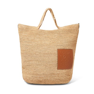 Slit Leather-Trimmed Woven Raffia Tote