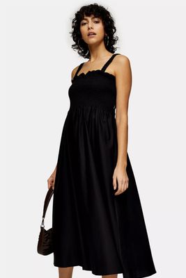 Black Shirred Poplin Bodice Pinafore Dress