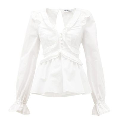 Ruffled V-Neck Tie-Back Cotton Blouse from Self Portrait