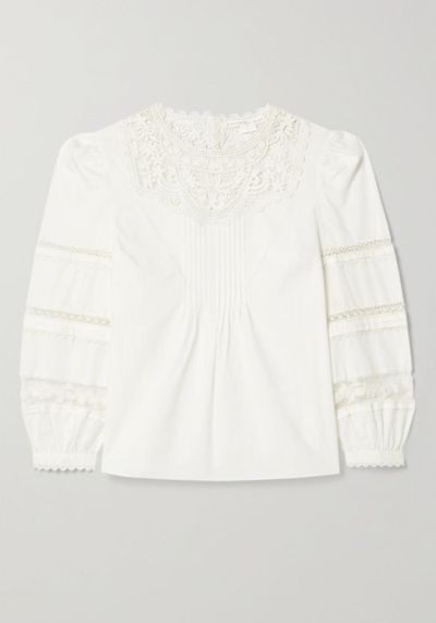 Bessie Pintucked Crocheted Lace-Trimmed Blouse from Veronica Beard